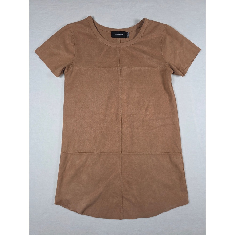 Minkpink Now or Never Faux Suede Mini Shift Dress Short Sleeve XS Tan Brown Boho